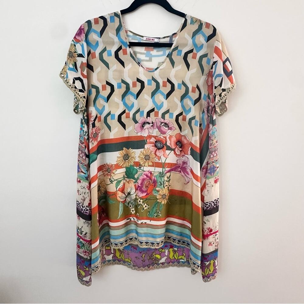 Johnny Was Tunic Top Women's Size Small Brown Short-Sleeve Scoop Neck 100% Silk